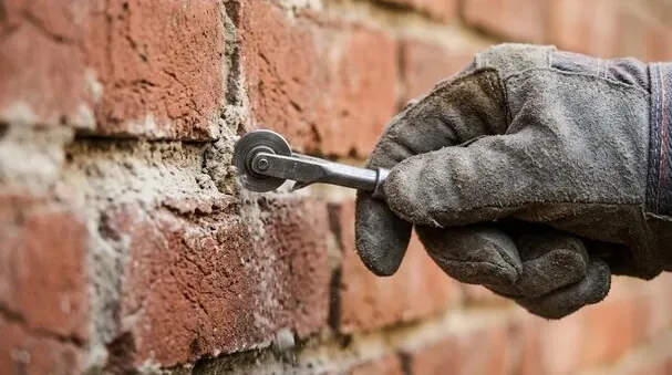 Brick mortar joint being tooled with a jointer