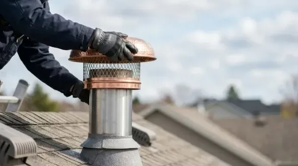 Chimney cap with spark arrestor mesh being installed on a flue