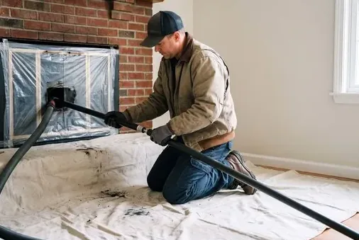 Fireplace sealed with plastic and drop cloths during chimney cleaning