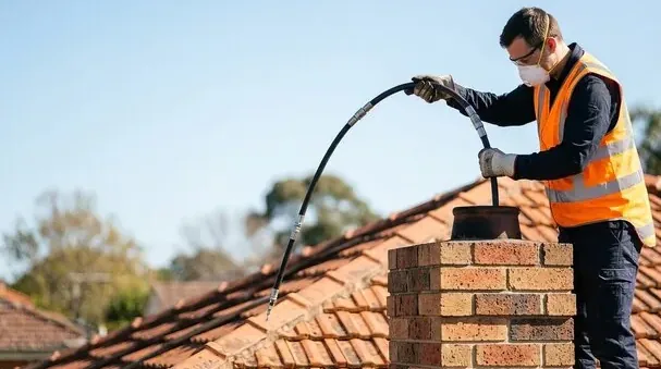Technician working down a chimney flue from the roof