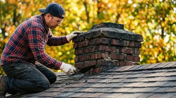 San Jose mason kneeling on a shingle roof repairing the cracked top of a brick chimney