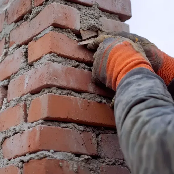 Mason setting brick and mortar while rebuilding a chimney stack